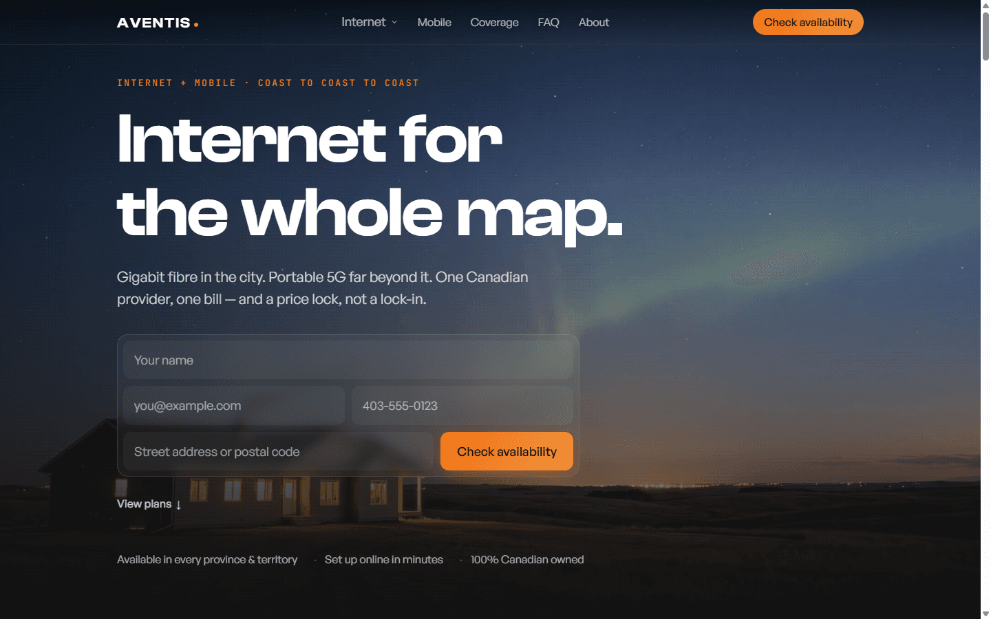 Aventis: homepage with address checker